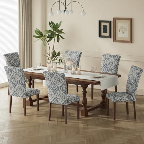 Image of COLAMY Upholstered Parsons Dining Chairs Set of 6, Fabric Dining Room Kitchen Side Chair with Nailhead Trim and Wood Legs - Blue /White Flower