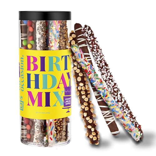 On Occasion Happy Birthday Chocolate Covered Pretzel Rods Gift Box - Premium Variety Kosher Chocolate Dipped Pretzels Individually Wrapped