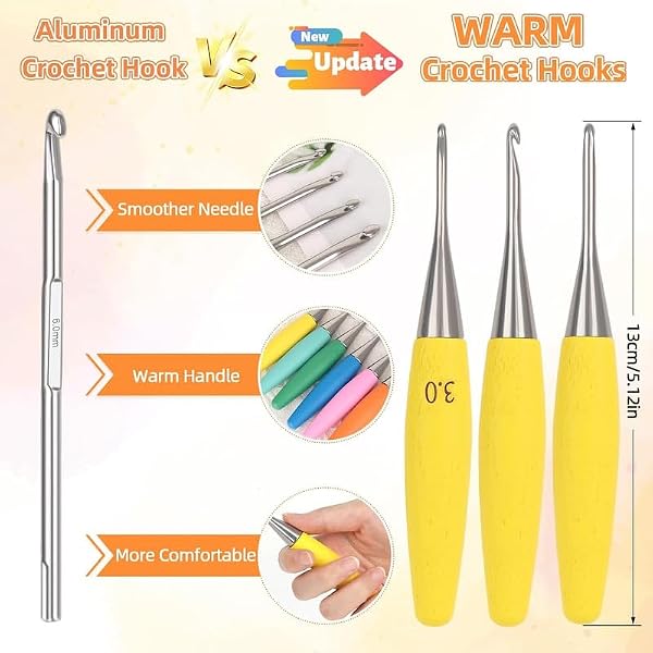 3mm Crochet Hook, Ergonomic Crochet Hooks with Beech Wood Grips, Smooth Stainless Steel Crochet Hooks for Beginners, Colored Metal Crochet Needle for Crocheting Hats, Scarves - 3