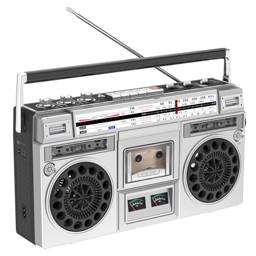 Vintage Boombox Retro Stereo System with AM/FM Radio, CD Player & Cassette Recorder - USB/SD Input, Built-in Speakers, 3.5mm Headphone Jack - 80s Style for Home & Travel