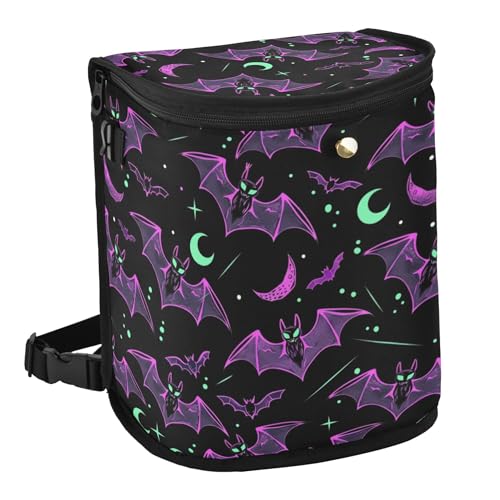 Image of MNSRUU Car Trash Can with Lid, Neon Purple and Bats Stars and Moons Car Trash Bag Hanging Organizers and Storage for Front Back Seat, Leak-Proof Trash Bin
