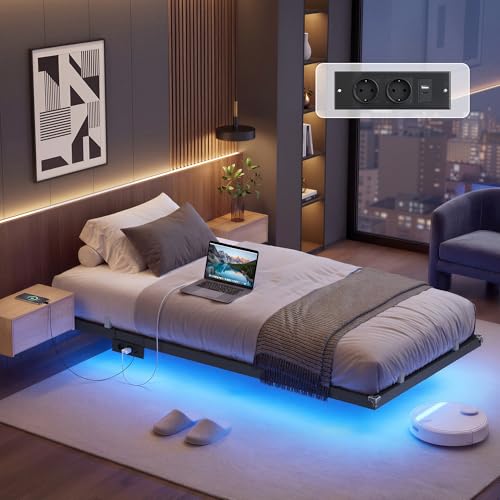 VASAGLE Struttura Letto 90 x 190 cm con LED, Effetto Fluttuante, Multipresa Rimovibile, 2 Prese AC, 1 Porta USB-C, 1 Porta USB-A, 1 Porta USB-A sul Retro, Portata 250 kg, Nero Inchiostro RMB171B101