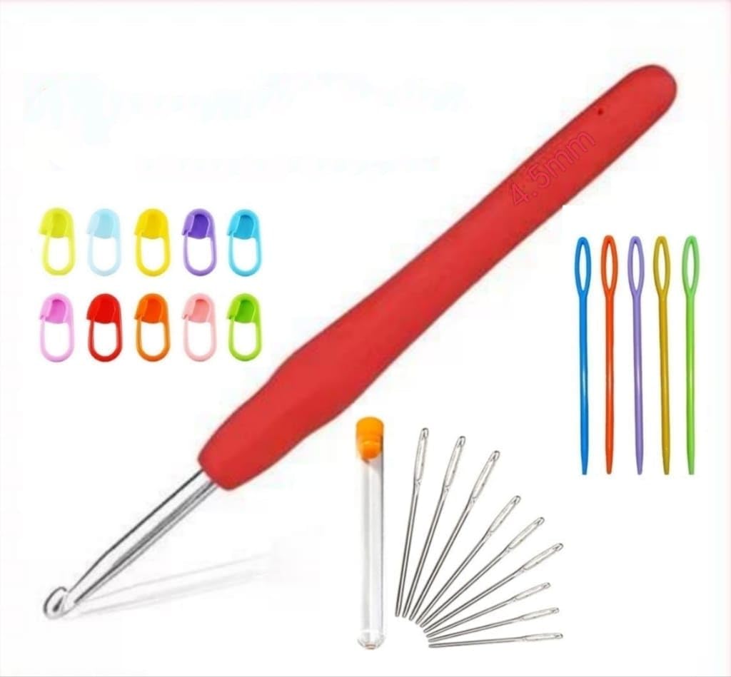 VIRADHAM 4.5mm Crochet Hook with Soft Grip Handle β Ergonomic Aluminum Crochet Needle Set with 9 Stainless Steel Large Eye Yarn Needles, Colorful Plastic Sewing Needles & Crochet Stitch Markers for Knitting & Crochet Projects (4.5mm hook)