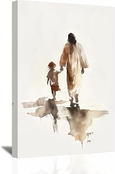 SWQYLB Jesus Canvas Wall Art God and Children Back View Pictures Prints Watercolor Jesus Art Poster Christian Spiritual Painting for Kids Girls Boys Room Decor Framed White, 12.00" x 18.00"