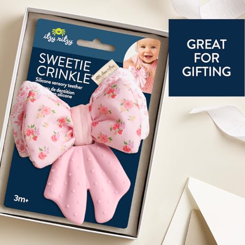 Image of Itzy Ritzy Crinkle Teether Toy - Bow Teething Toy Includes Silicone, Velour & Crinkle Material - Features Multiple Textures for Teething Relief - Designed for Ages 3 Months and Up (Bows)