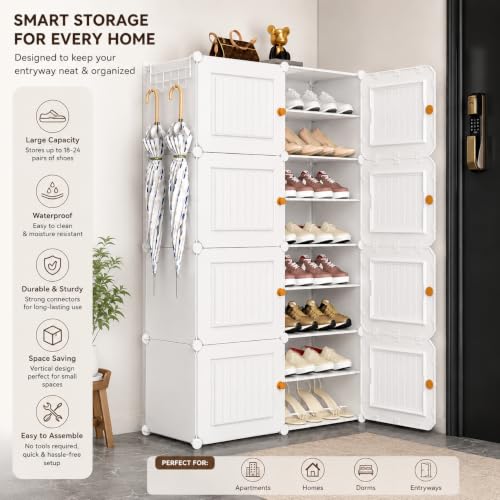 Image of Mevigo Plastic Shoe Rack for Home with Door |16-Tier Stackable Shoe Organizer | Holds 32 Pairs |Waterproof & Dustproof | DIY Modular Shoe Cabinet |Chappal Slipper Stand for Bedroom -White-HX2