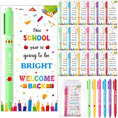 Marspark 30 Set Welcome Back to School Gifts Bulk Ballpoint Pens and Greeting Cards Set with Bags Twist Ties Bright First Day of School Gifts for Teacher Student Classroom Party Favors Supplies