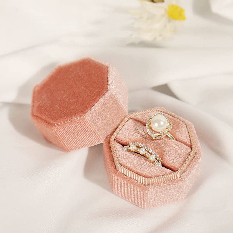 JZTang Octagon Velvet Ring Box Double Ring Display Holder Elegant Jewelry Storage Box Gift for Proposal Engagement Anniversary Ceremony (Pink)