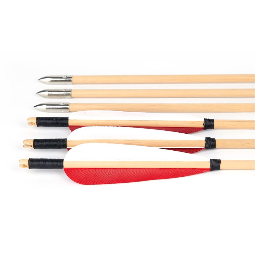 Huntingdoor 12 Frecce in Legno con Piume Naturali da 5" Frecce da 31 Pollici per Tiro con L'Arco Adulti Freccia ad Arco Freccia Fatta a Mano per Arco Tradizionale Arco Ricurvo (Piume Rosse-Bianche)