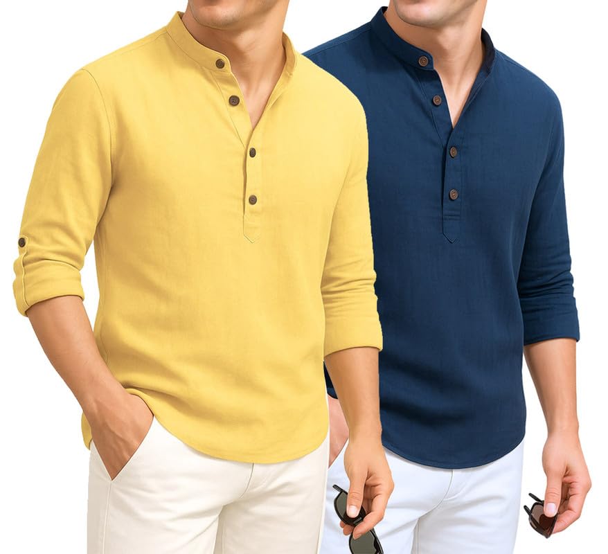Image of DEELMO Combo of Men's Cotton Blend Solid Regular Fit Full Sleeve Short Kurta | Men's Trendy Short Kurta Pack of 2