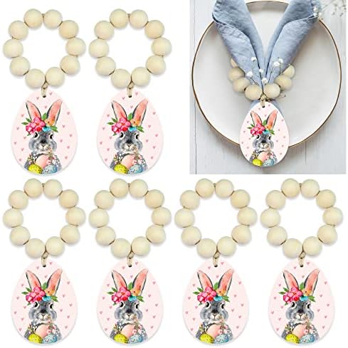 QNNEFF 6 Pieces Easter Napkin Rings Easter Bunny Napkin Rings Wood Beads Napkin Ring Holders Easter Eggs Napkin Rings Farmhouse Napkin Rings Cute Rabbit Napkin Ring Holders for Easter Dining Table