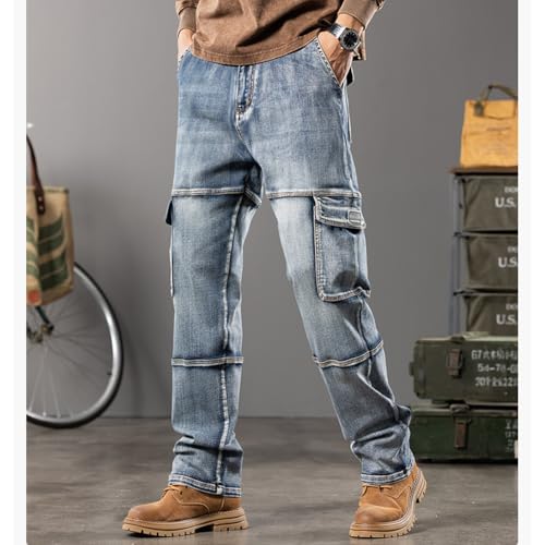 Mens Loose Fit Hip Hop Jeans Casual Cargo Denim Pants Straight Leg with Multi Pockets 28-442