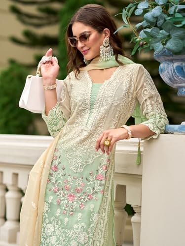 Image of INDO ERA Womens Organza Embroidered Straight Kurta Pant Dupatta Set (IEOUT10602)