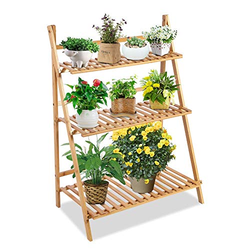Greensen Scaffale Porta-Fiori in Bambù, Supporto per Vasi in Legno a 3 Ripiani, Fioriera a Scala Portapiante Pieghevole per Interni ed Esterni Giardino Balcone 70 x 40 x 96 cm