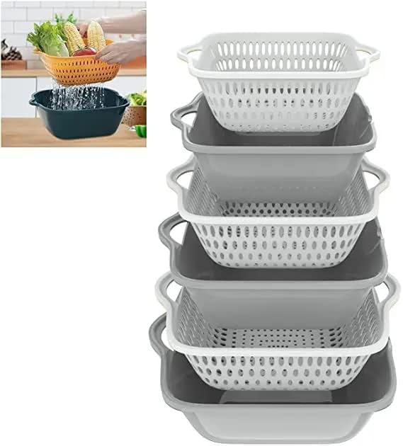 Colanders & Food Strainers Fruit Cleaning Bowl - Washing Vegetable Baskets Colander Set of 3 - Stackable Double Layered Strainer Basket Fruit Bowl with Stainer for Pasta, Spaghetti, Berry, Salads