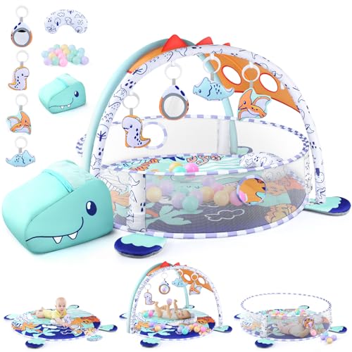 WeeHomm 5-in-1 Baby Play Mat - Dinosaur Themed Activity Gym for Babies 0-6 Months with Ball Pit, Detachable Sensory Toys, Pillow, Machine Washable