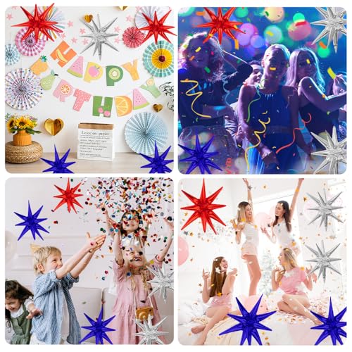Image of Star Balloons, 22 Inch Blue Red and Silver Star Balloons 6PCS Explosion Foil Balloon Starburst Balloon for Birthday Party Wedding New Year 4th of July Independence Day USA Patriotic Party Decor