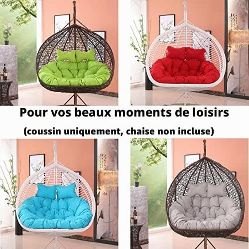 Chaise longue balançoire suspendue double avec coussin moelleux et profond, coussin d'extérieur 2 places avec attaches, entièrement rembourré pour le confort