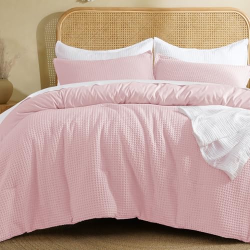 Image of David's Home Textured Summer Waffle Weave Comforter Set, Twin, Pink | Cozy Soft Lightweight Breathable Fluffy Durable Hotel Bedding with Pillow Sham for All Season, Luxury Home Decor, Giftable