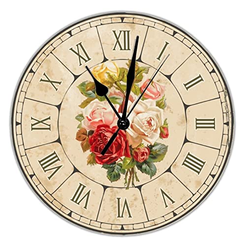 Reloj de pared redondo con diseño floral de rosa, mariposa, girasol, PVC, sin tictac, funciona con pilas, 25,4 cm, estilo rústico y elegante, para sala de estar, cocina, oficina en casa, dormitorio