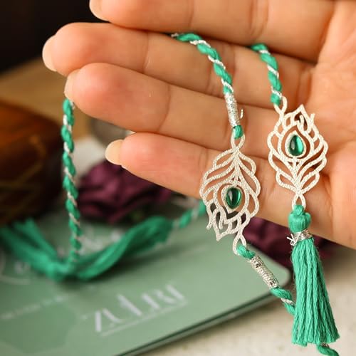Image of 925 Sterling Silver Peacock Feather with Green Stone Rakhi for Bhai Cotton Thread | Rakshabandhan Rakhi With Greeting Card & Roli Chawal and Certificate of Authenticity