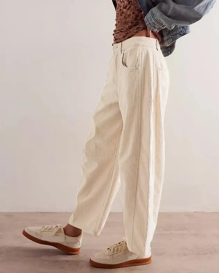 Women's Corduroy Pants Mide-Rise Barrel Wide Leg Pant Scasual Boyfriend Ankle Pants3