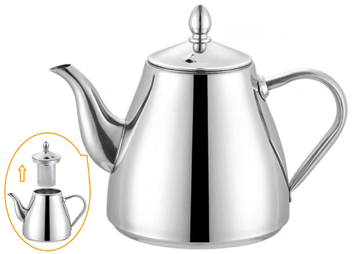 SANQINHOME Stainless Steel Teapot with Infuser 52oz(1.5 litres) 6-8 Cups,Good Pour Silver Tea Pot with Strainer Filter to Brew Loose Leaf Tea Bag