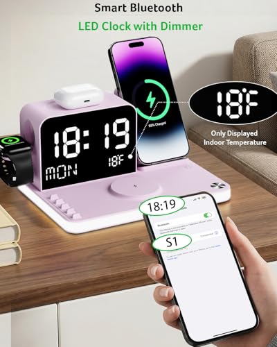 Image of Acer 7-in-1 Wireless Charging Station with LED Clock - 30W Fast Wireless Charger for iPhone 16 /15 /14 /13 /12 /Pro Max, Apple Watch, AirPods - Bluetooth Auto Time Sync & Night Lights (Purple)