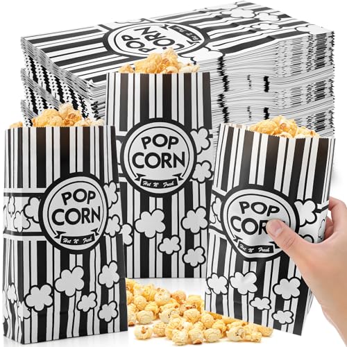 Image of 200 Pcs Paper Popcorn Bags Bulk 2 oz Large Flat Bottom Boxes Red and White Disposable Container Sleeve Movie Night Popcorn Bucket for Retro Movie Themed Party Carnival Supplies (Black and White)