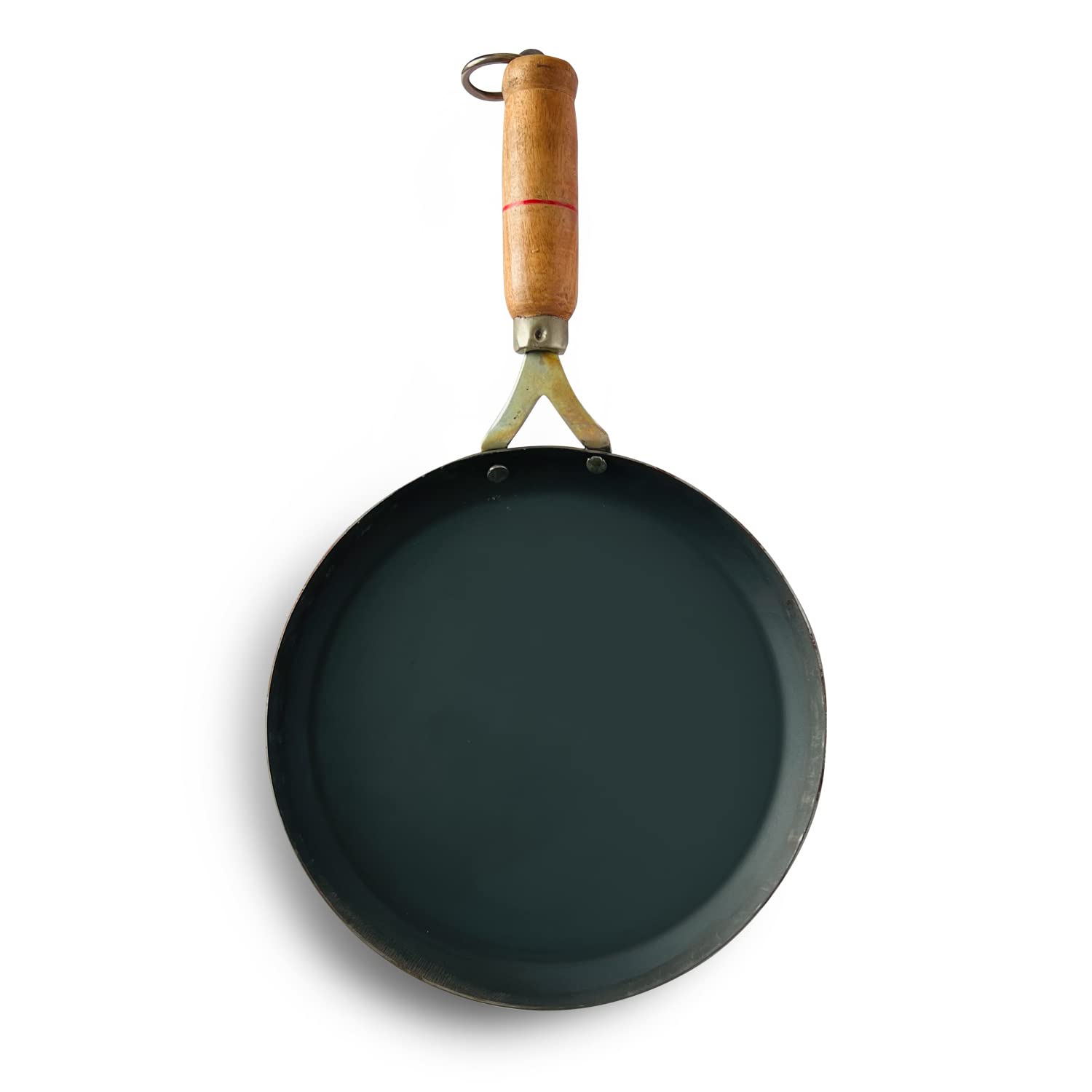 Kichera Pure Iron Fish Fry Pan with Wooden Handle |Omlette Pan 23.5cm/10 inch, 0.8kg | Gas Stove and Induction Friendly | Pre-Seasoned Black Flat Sheet Metal Iron Tawa