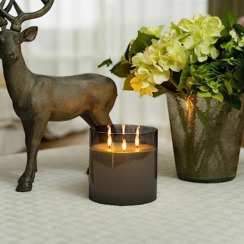 Image of Homemory 6X6'' Extra Large Flameless Candle with 3 Wicks, Glass LED Pillar Candle, Real Wax Battery Operated Candle with Remote Control and Timer, Grey