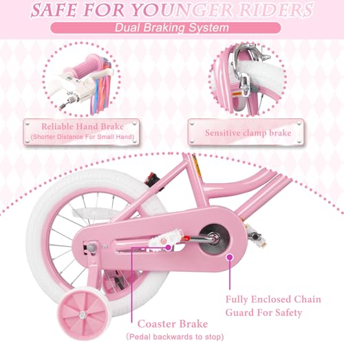 Image of Glaf Toddler Girls Bike for Age 2-12 Years Old | 12 14 16 20 Inch Kids Bike Girls Bicycle with Training Wheels,Basket,Doll Seat,Princess Style Kids Bicycle Gift