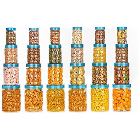 Tosaa Plastic Pet Storage Jar and Container, Set of 24 (6pcs x 250ml Each, 6 pcs x 350ml Each, 6 pcs x 650ml Each, 6 pcs x 1.20ltrs Each), Blue |Air Tight|Kitchen Organiser|BPA Free|Stackable Cover