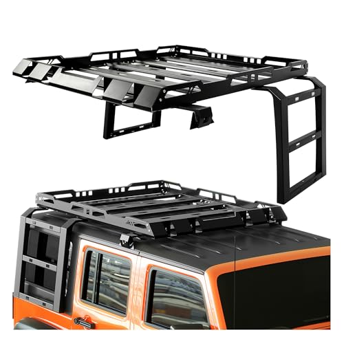 KUAFU Roof Rack w/2 ladders 330LBS Compatible with 2007-2018 Jeep Wrangler JK 2/4-Door Hard Rooftop Cargo Basket Carrier Luggage Rack Steel Black