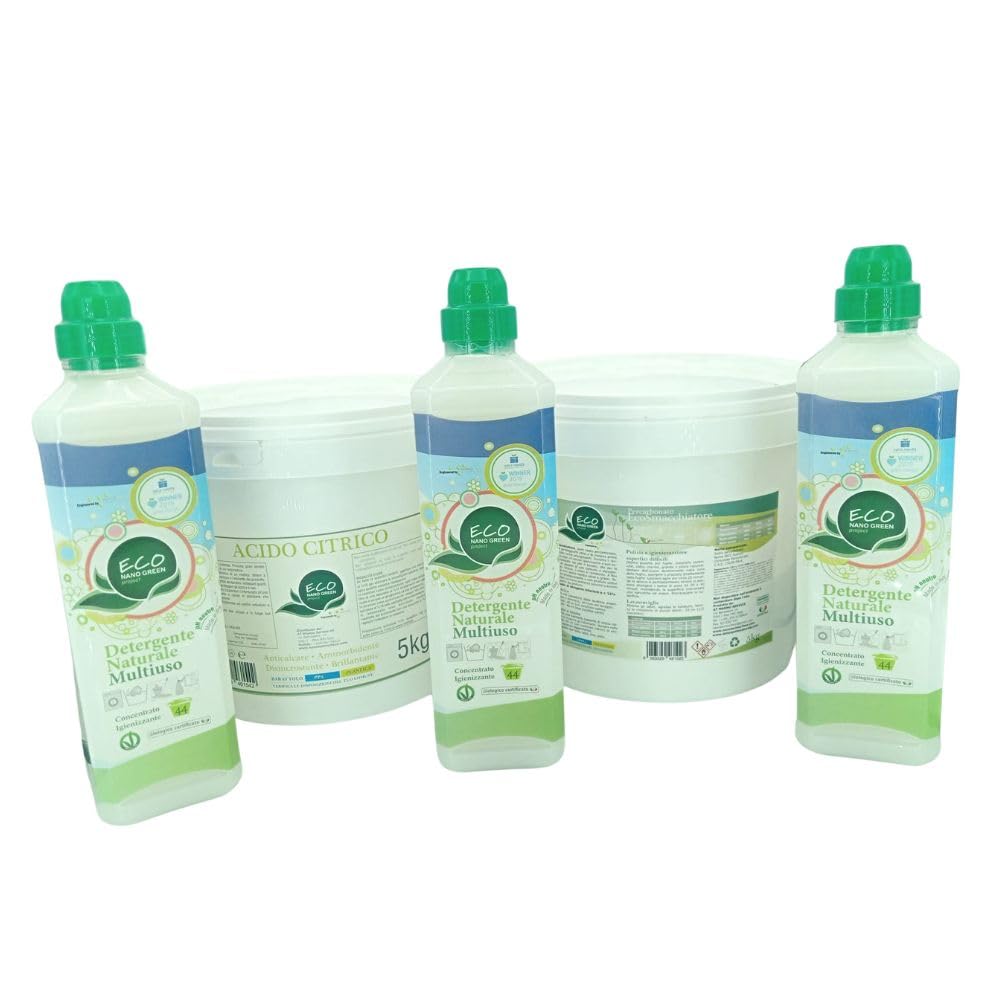Kit Percarbonato di Sodio per Bucato + Acido Citrico per Pulizia + Detergente Concentrato Universale, per una Casa Igienizzata e Splendente (5+5 KG + 3 Detergenti)