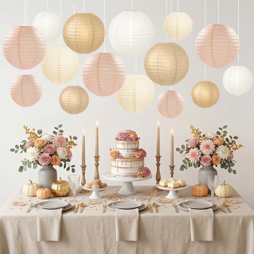Image of KAXIXI 15-Pack Boho Paper Lanterns, Champagne Gold and Beige Hanging Decor