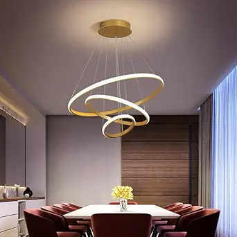 SINOMAN Modern Dimmable LED Chandelier Hanging Ceiling Pendant Light, 3 Ring with Height-Adjustable Pendant Light, Living Room, Bedroom, Dining Room, Warm White (L-3 String Hanging (Gold))