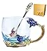 Glass Mug Set Lead-Free Handmade Enamel Butterfly and Blue Rose Flower Tea Cups with Handle, Unique Personalized Birthday Present Ideas for Women Grandma Teachers Coffee Mother's Day (Blue-Short)