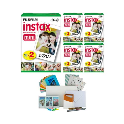 Pack de película Fujifilm instax Mini Twin (100 exposiciones) con caja de almacenamiento, marcos colgantes, set DIY para postales (6 artículos)