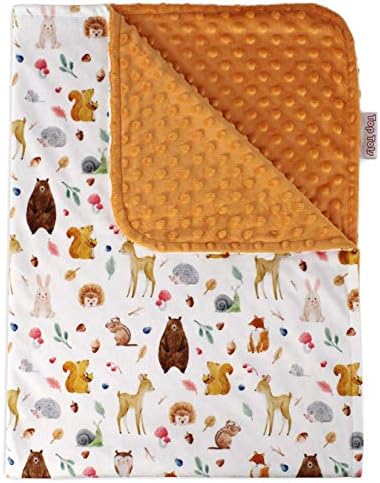 Top Tots Baby Blanket - Baby Animals Bear Deer Rabbit Fox Hedgehog with Brown Orange Minky Dot