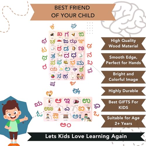 Image of Kannada Vyanjana and Swar Puzzle Board | Kannada Alphabet Consonant Vowels Puzzle with Picture | Educational Learning Toy | Kannada Varnamala for Boys and Girls , 24 Months and Above