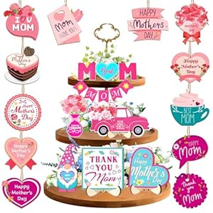 35 Pcs Mother’s Day Tray Decorations Mother’s Day Tiered Tray Decorations Wood Signs Heart Shaped Wooden Hanging Ornaments Set for Mom