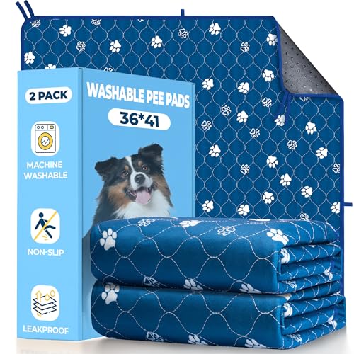 Image of Fostanfly Washable Pee Pads for Dogs, 2 Pack Large 36 inchx41 inch Ultra-Absorbent and Leak-Proof Non-Slip Reusable Potty Training Pads for Dogs, Puppy & Cats of Add 8 Lanyards-Blue