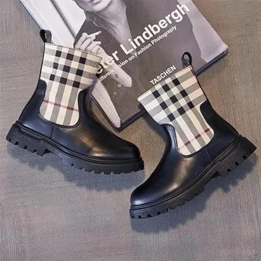 Black Plaid Fashion Boots Girls Side Zipper Chelsea Boots Fall Winter4