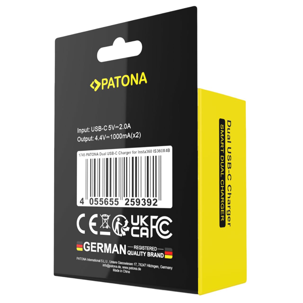 PATONA Caricabatterie doppio per Insta360 X4 batteria CINSBBMA – USB-C Scatola portaoggetti per 2 batterie e microSD, ingresso 5V 3A, cavo USB-C compatibile con action cam, compatto e leggero