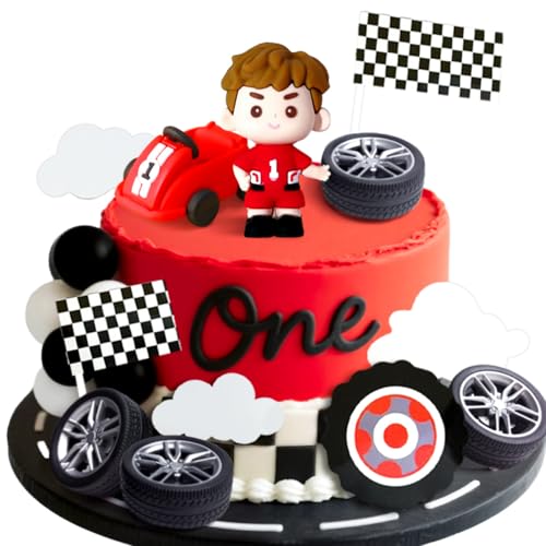 decoración pastel coches carreras banderines cuadrados tartas