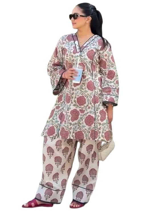 Cotton Blend Printed Straight Farshi Salwar Set for Women | Cotton Blend Cream | Full Sleeve | V-Neck | Ethnic Wear Casual Wear-image-31