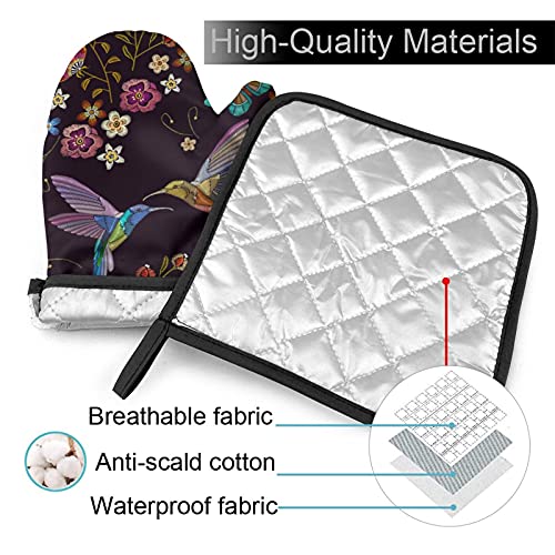 Perinsto Humming Bird And Tropical Flowers Oven Mitts & Pot Holders Kitchen Set Heat Resistant Hummingbirds Exotic Floral Decorative Cooking Gloves Microwave Oven Gloves For Baking Grilling Bbq #TOP2