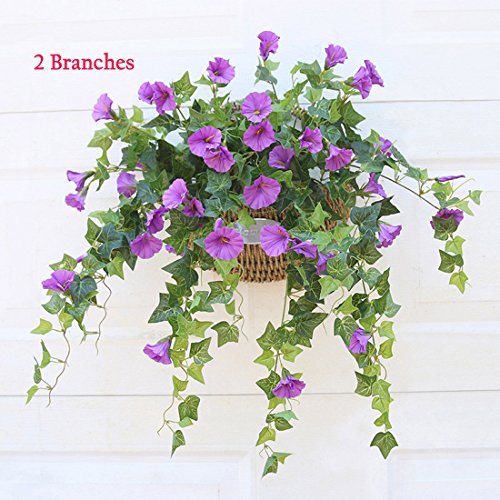 Calcifer 1 Branch(12 Stems/23 Flowers) Artificial Morning Glory Trumpet Flower Vine Plastic Flower Bouquet Hanging Wall Strings Flowers For Home Garden Wedding Party Decoration (Purple) #TOP1