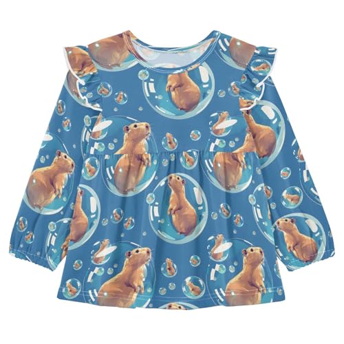 Capybara Bubbles Cute Girls Shirts Cotton Long Sleeve Ruffle Toddler Tee Tops